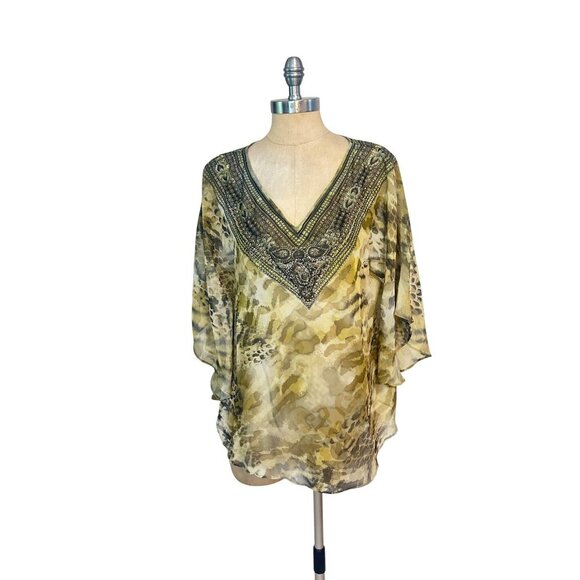 Chicos Paradise Jeweled V-Neck Sheer Poncho S/M 100% Polyester Leopard Print Gre - Picture 1 of 5